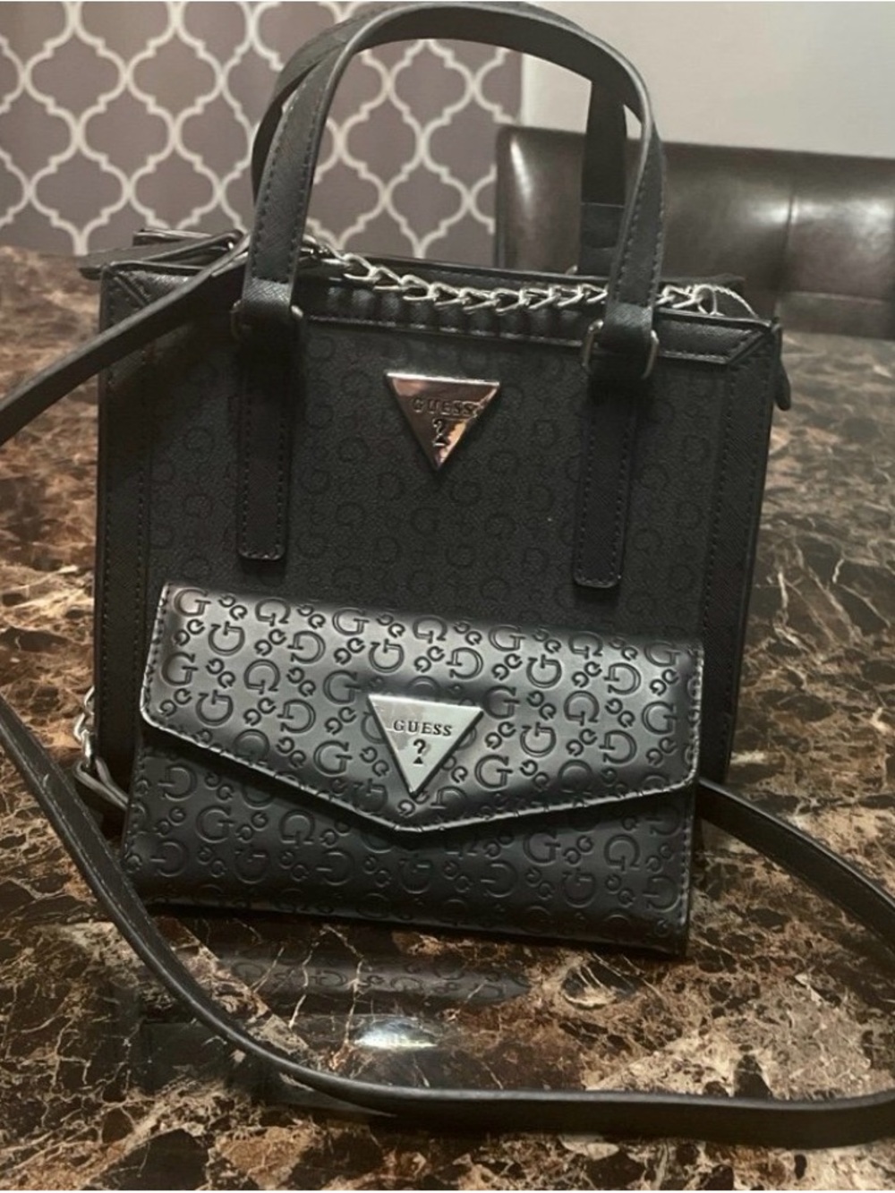 GUESS Black Logo-Embossed Crossbody Satchel with Matching Wallet